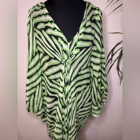 Vintage Diane Von Furstenberg 100% green black silk retro print sheer cover up - Picture 3 of 5